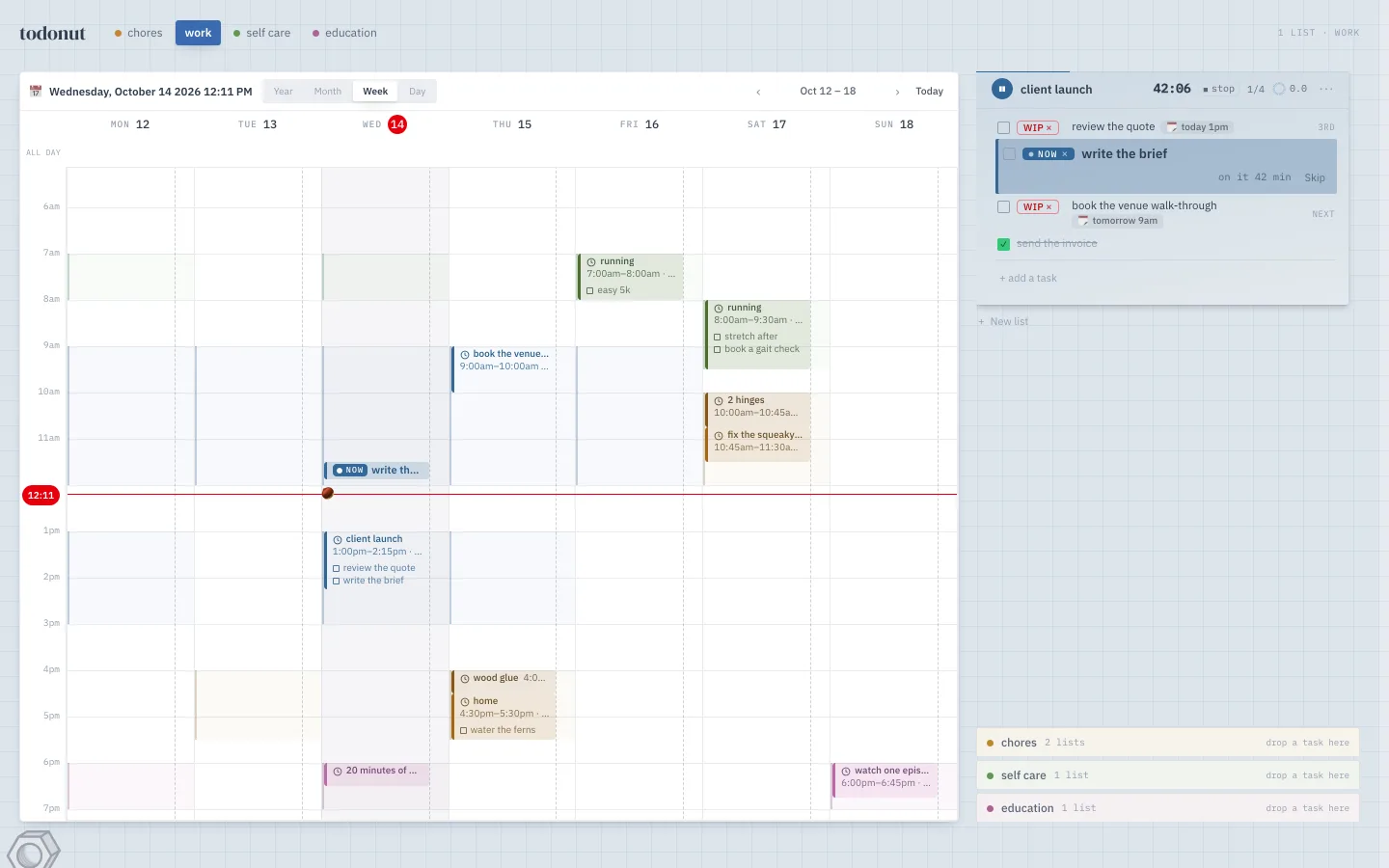 Questnut's desk: a week of calendar with planned time for work, chores, self care and education, beside the work goal's list with a session running on "write the brief".
